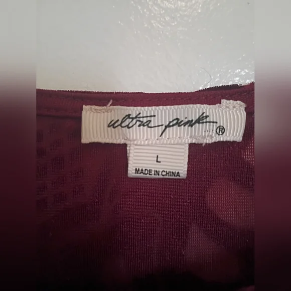 Ultra Pink Burnt Velvet Women's Patterned Top in Deep Burgundy Sz L - Picture 2 of 9